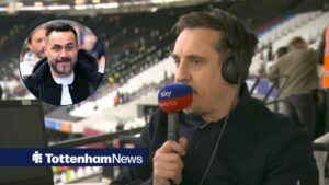 Gary Neville working as a pundit, with Roberto De Zerbi in a circular frame inset