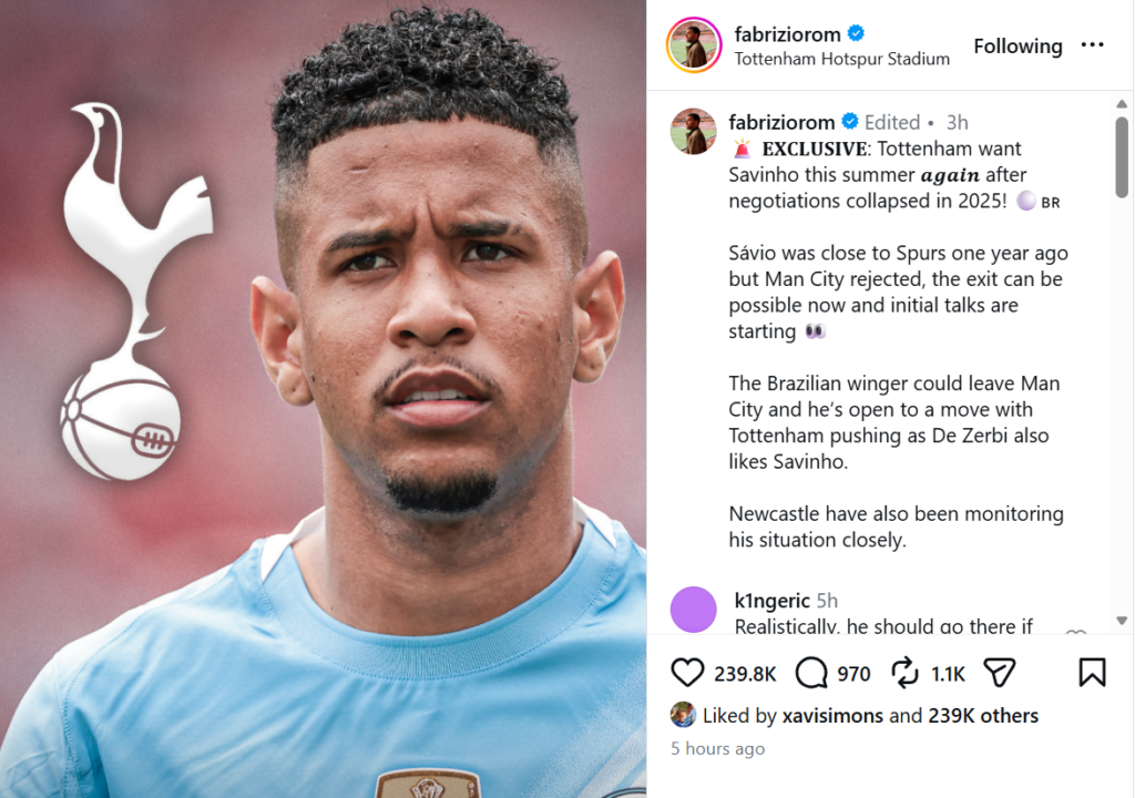 Xavi Simons liking Fabrizio Romano's Instagram post linking Savinho to Tottenham.