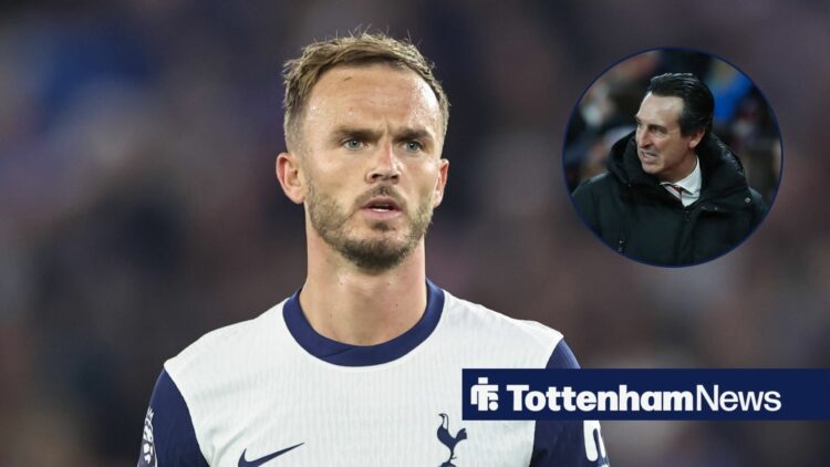 James Maddison looking at a circular inset of Aston Villa manager Unai Emery.
