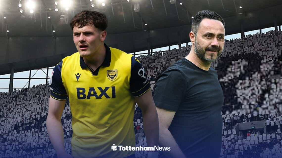Will Lankshear in an Oxford United shirt while looking at Tottenham manager Roberto De Zerbi