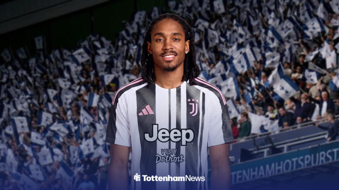 Djed Spence wearing a Juventus shirt with Tottenham Hotspur Stadium in the background