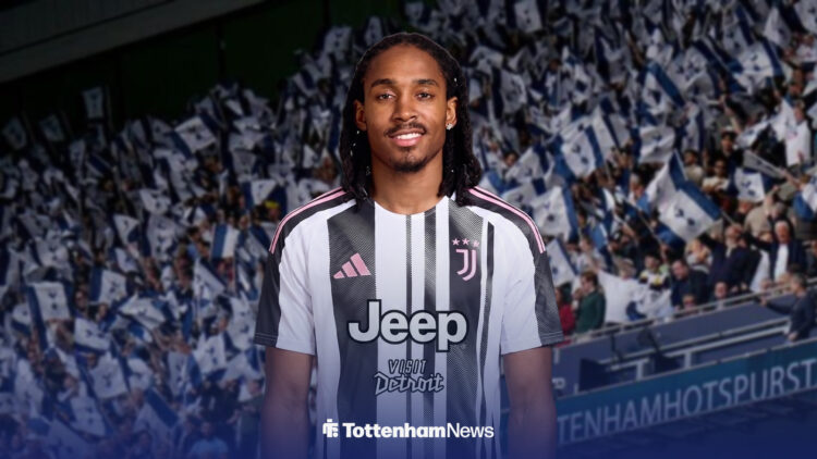 Djed Spence wearing a Juventus shirt with Tottenham Hotspur Stadium in the background