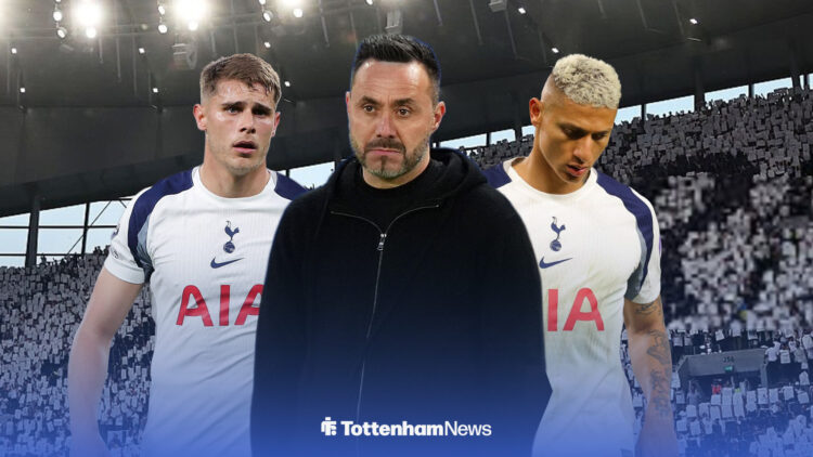 Roberto De Zerbi, Richarlison and Micky van de Ven each look upset, with the Tottenham Hotspur Stadium behind them