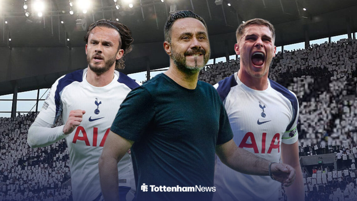 James Maddison, Micky van de Ven and Roberto Zerbi stood together with Tottenham Hotspur Stadium behind them