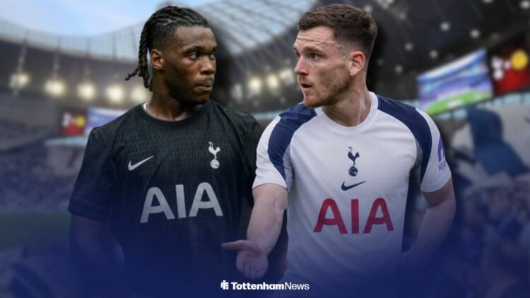 Andy Robertson in a Tottenham shirt alongside Destiny Udogie playing for Tottenham