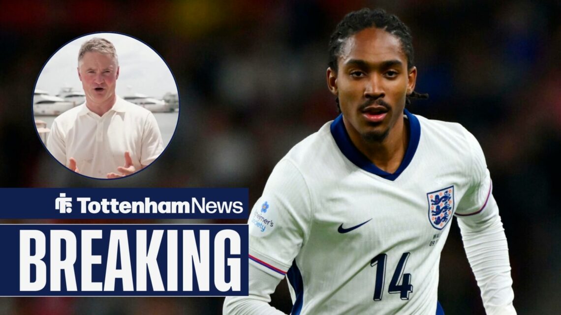 Djed Spence in an England kit with Sky Sports journalist Rob Dorsett looking at him.