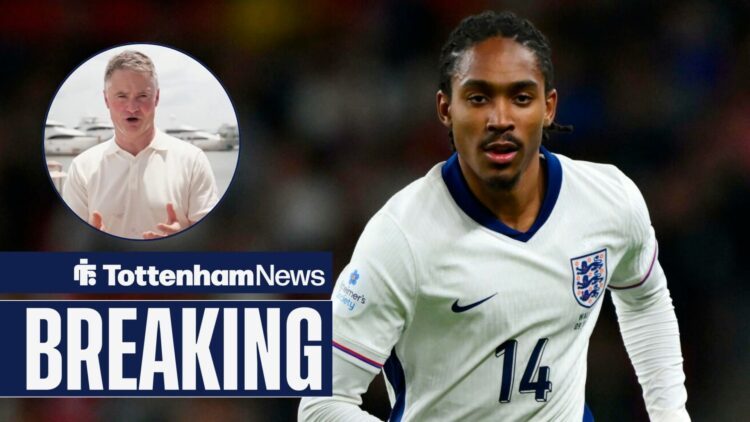 Djed Spence in an England kit with Sky Sports journalist Rob Dorsett looking at him.